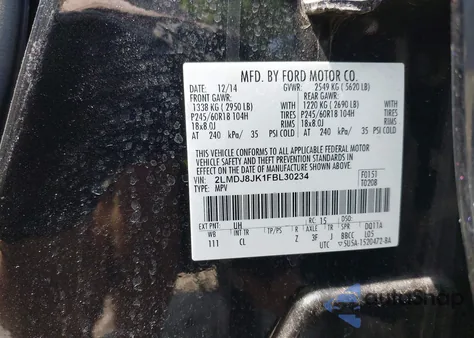 2015 Lincoln Mkx z USA, uszkodzony, nr VIN 2LMDJ8JK1FBL30234